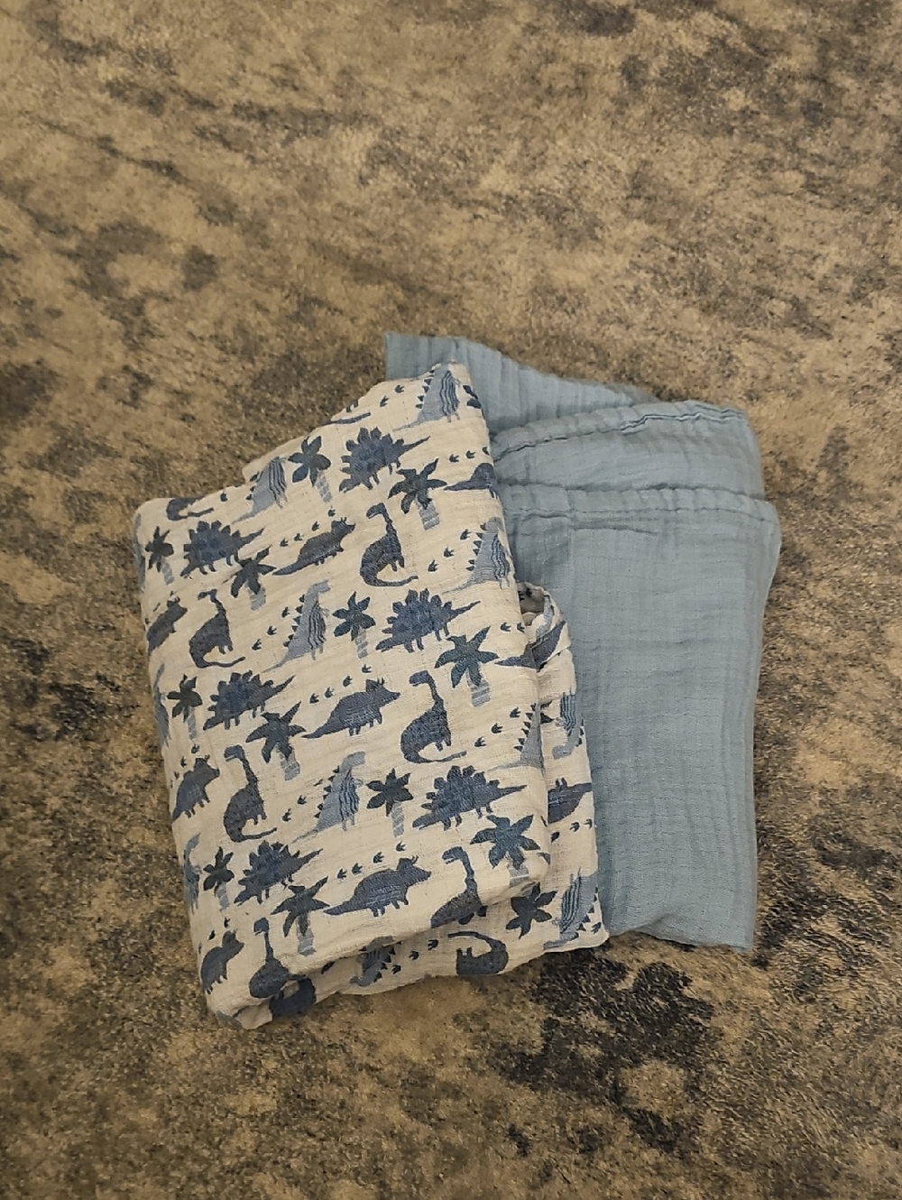 Modern Baby 2Pk Muslin Swaddle Blanket 100% Cotton, Solid Blue/ Dinosaur
